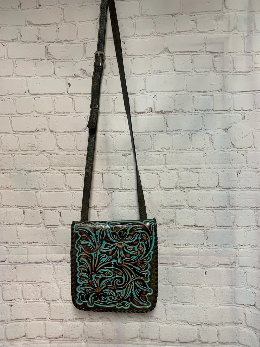 Patricia Nash Brown Turquoise Granada Tooled Crossbody Bag